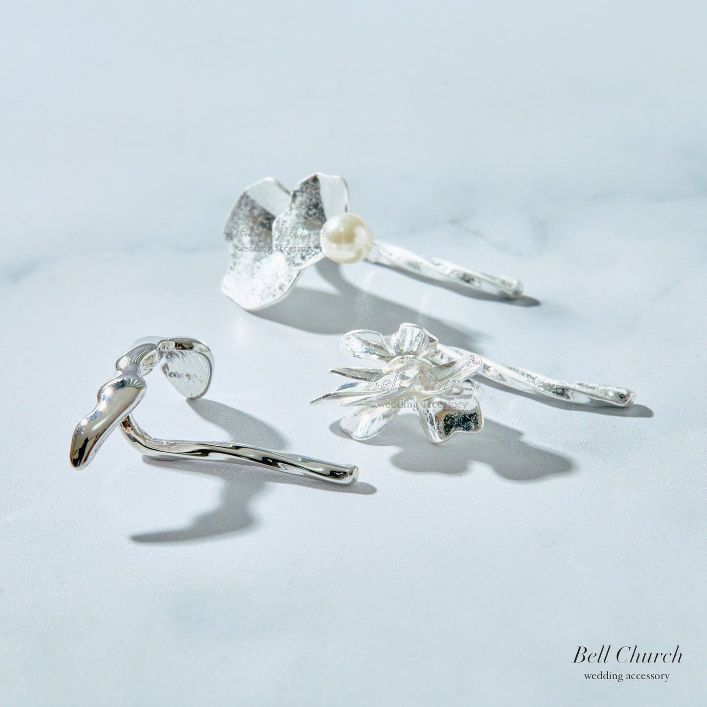 ヘアカフ 3点セット ヘアポニー ポニーフック パール お花 フラワー ペタル メタル ストーン ミニカフ｜シルバー (BC-H65)【結婚式　アクセサリー　ヘアアクセサリー　ヘアカフ】