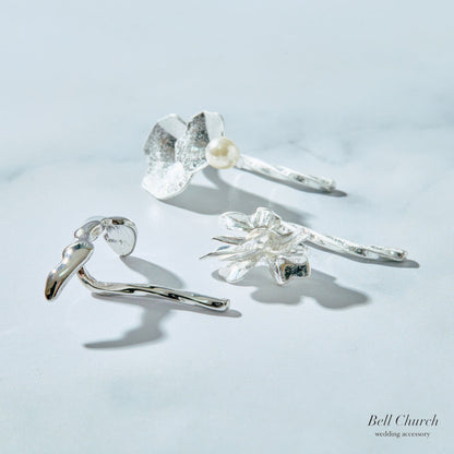 ヘアカフ 3点セット ヘアポニー ポニーフック パール お花 フラワー ペタル メタル ストーン ミニカフ｜シルバー (BC-H65)【結婚式　アクセサリー　ヘアアクセサリー　ヘアカフ】