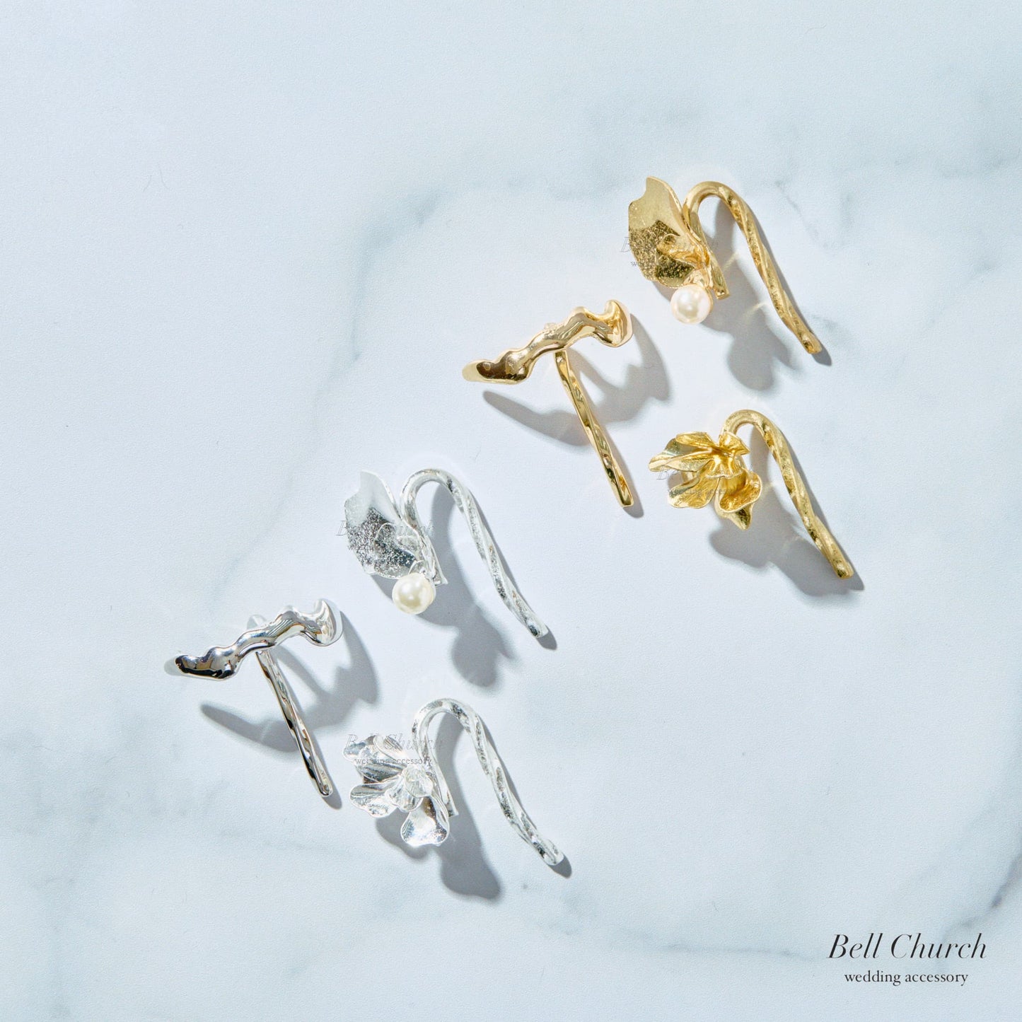 ヘアカフ 3点セット ヘアポニー ポニーフック パール お花 フラワー ペタル メタル ストーン ミニカフ｜シルバー (BC-H65)【結婚式　アクセサリー　ヘアアクセサリー　ヘアカフ】