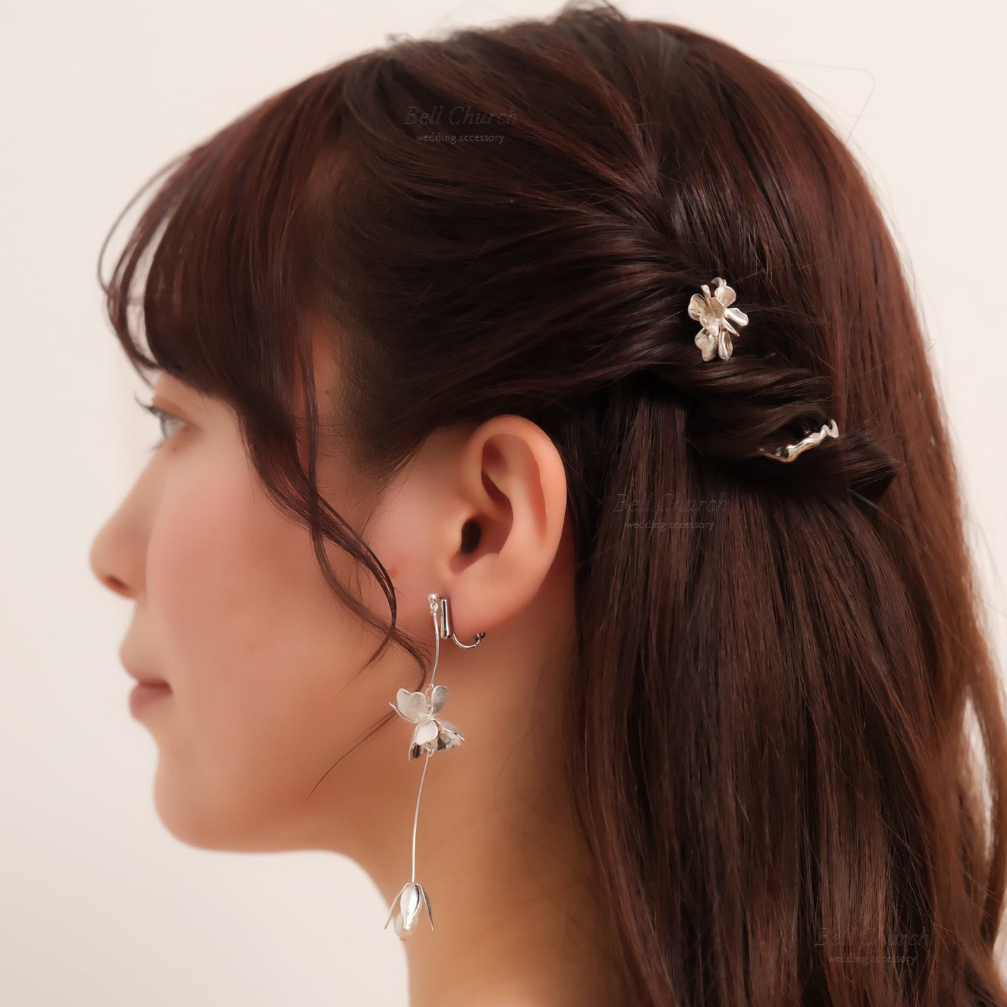 ヘアカフ 3点セット ヘアポニー ポニーフック パール お花 フラワー ペタル メタル ストーン ミニカフ｜シルバー (BC-H65)【結婚式　アクセサリー　ヘアアクセサリー　ヘアカフ】