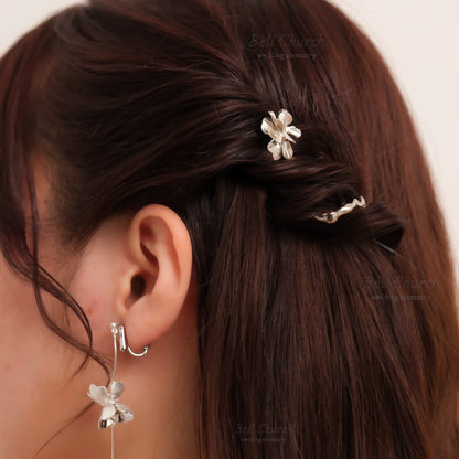 ヘアカフ 3点セット ヘアポニー ポニーフック パール お花 フラワー ペタル メタル ストーン ミニカフ｜シルバー (BC-H65)【結婚式　アクセサリー　ヘアアクセサリー　ヘアカフ】