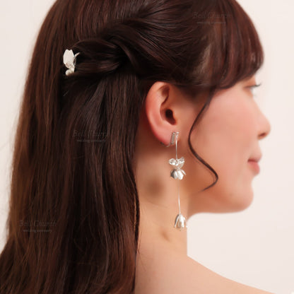 ヘアカフ 3点セット ヘアポニー ポニーフック パール お花 フラワー ペタル メタル ストーン ミニカフ｜シルバー (BC-H65)【結婚式　アクセサリー　ヘアアクセサリー　ヘアカフ】