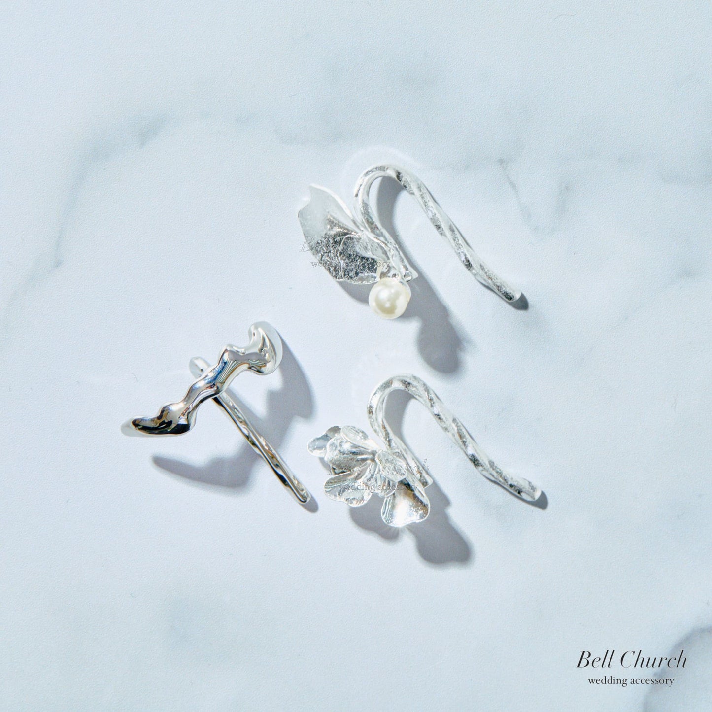 ヘアカフ 3点セット ヘアポニー ポニーフック パール お花 フラワー ペタル メタル ストーン ミニカフ｜シルバー (BC-H65)【結婚式　アクセサリー　ヘアアクセサリー　ヘアカフ】