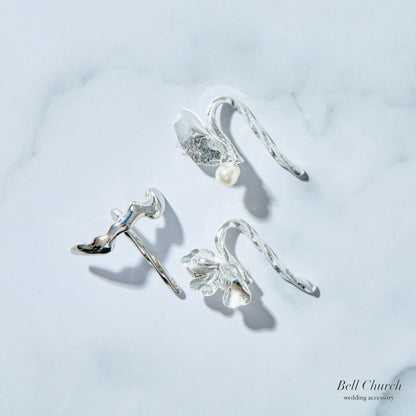 ヘアカフ 3点セット ヘアポニー ポニーフック パール お花 フラワー ペタル メタル ストーン ミニカフ｜シルバー (BC-H65)【結婚式　アクセサリー　ヘアアクセサリー　ヘアカフ】