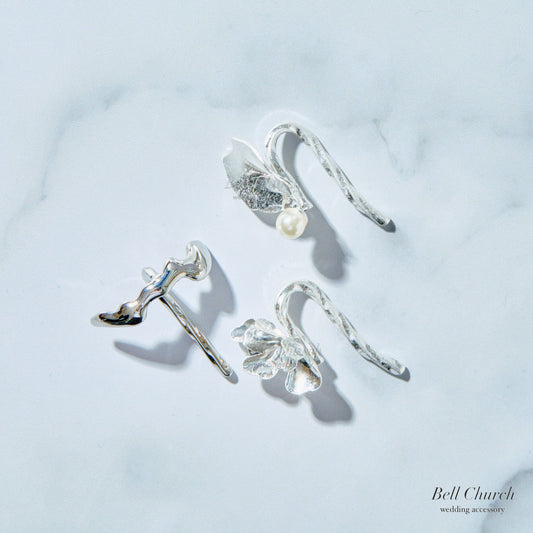 ヘアカフ 3点セット ヘアポニー ポニーフック パール お花 フラワー ペタル メタル ストーン ミニカフ｜シルバー (BC-H65)【結婚式　アクセサリー　ヘアアクセサリー　ヘアカフ】