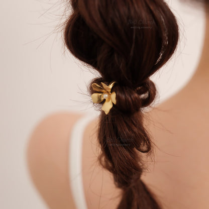 ヘアカフ 3点セット ヘアポニー ポニーフック パール お花 フラワー ペタル メタル ストーン ミニカフ｜ゴールド (BC-H66)【結婚式　アクセサリー　ヘアアクセサリー　ヘアカフ】