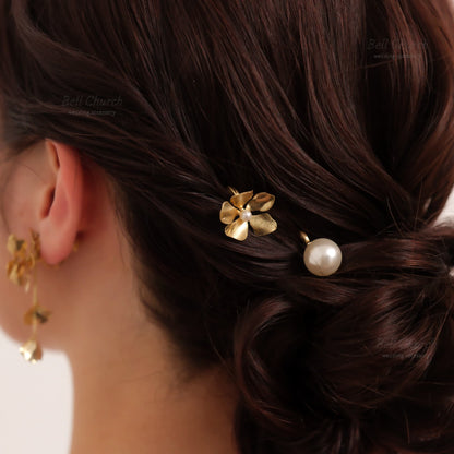 ヘアカフ 3点セット ヘアポニー ポニーフック パール お花 フラワー ペタル メタル ストーン ミニカフ｜ゴールド (BC-H66)【結婚式　アクセサリー　ヘアアクセサリー　ヘアカフ】