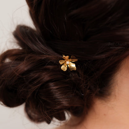 ヘアカフ 3点セット ヘアポニー ポニーフック パール お花 フラワー ペタル メタル ストーン ミニカフ｜ゴールド (BC-H66)【結婚式　アクセサリー　ヘアアクセサリー　ヘアカフ】