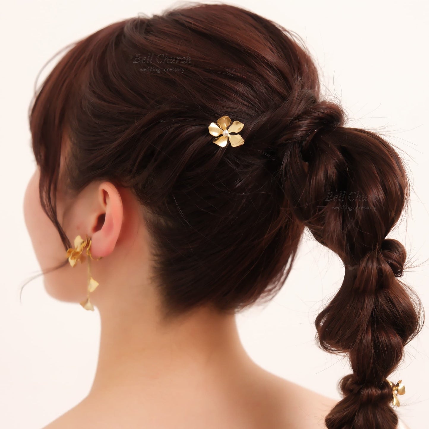 ヘアカフ 3点セット ヘアポニー ポニーフック パール お花 フラワー ペタル メタル ストーン ミニカフ｜ゴールド (BC-H66)【結婚式　アクセサリー　ヘアアクセサリー　ヘアカフ】
