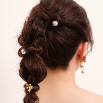 ヘアカフ 3点セット ヘアポニー ポニーフック パール お花 フラワー ペタル メタル ストーン ミニカフ｜ゴールド (BC-H66)【結婚式　アクセサリー　ヘアアクセサリー　ヘアカフ】
