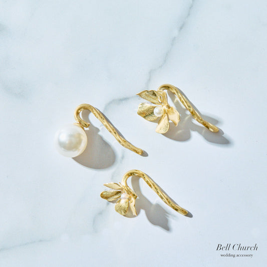 ヘアカフ 3点セット ヘアポニー ポニーフック パール お花 フラワー ペタル メタル ストーン ミニカフ｜ゴールド (BC-H66)【結婚式　アクセサリー　ヘアアクセサリー　ヘアカフ】