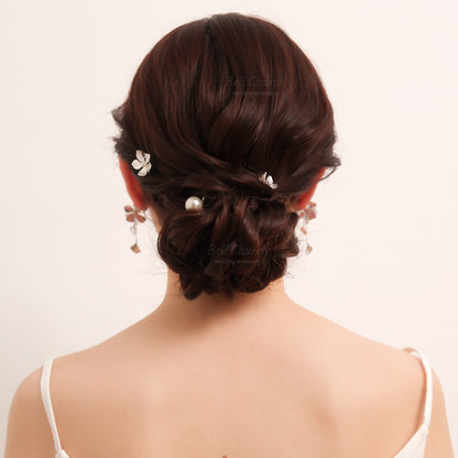 ヘアカフ 3点セット ヘアポニー ポニーフック パール お花 フラワー ペタル メタル ストーン ミニカフ｜シルバー (BC-H67)【結婚式　アクセサリー　ヘアアクセサリー　ヘアカフ】