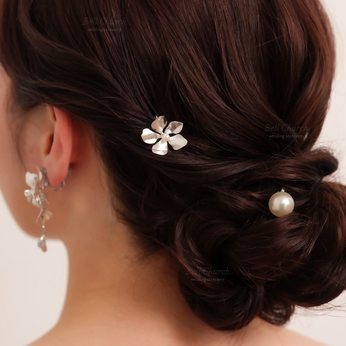 ヘアカフ 3点セット ヘアポニー ポニーフック パール お花 フラワー ペタル メタル ストーン ミニカフ｜シルバー (BC-H67)【結婚式　アクセサリー　ヘアアクセサリー　ヘアカフ】