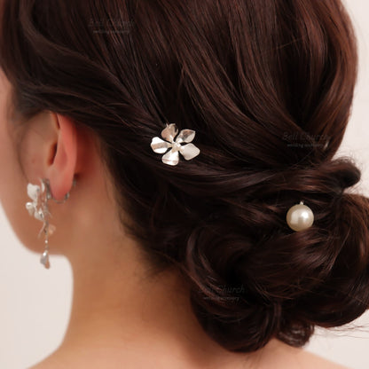 ヘアカフ 3点セット ヘアポニー ポニーフック パール お花 フラワー ペタル メタル ストーン ミニカフ｜シルバー (BC-H67)【結婚式　アクセサリー　ヘアアクセサリー　ヘアカフ】