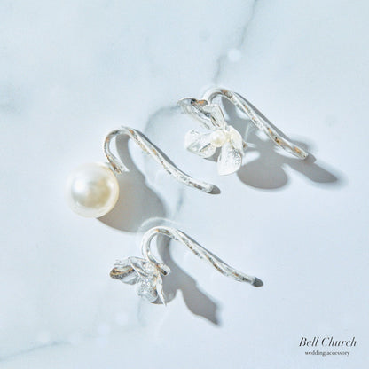 ヘアカフ 3点セット ヘアポニー ポニーフック パール お花 フラワー ペタル メタル ストーン ミニカフ｜シルバー (BC-H67)【結婚式　アクセサリー　ヘアアクセサリー　ヘアカフ】