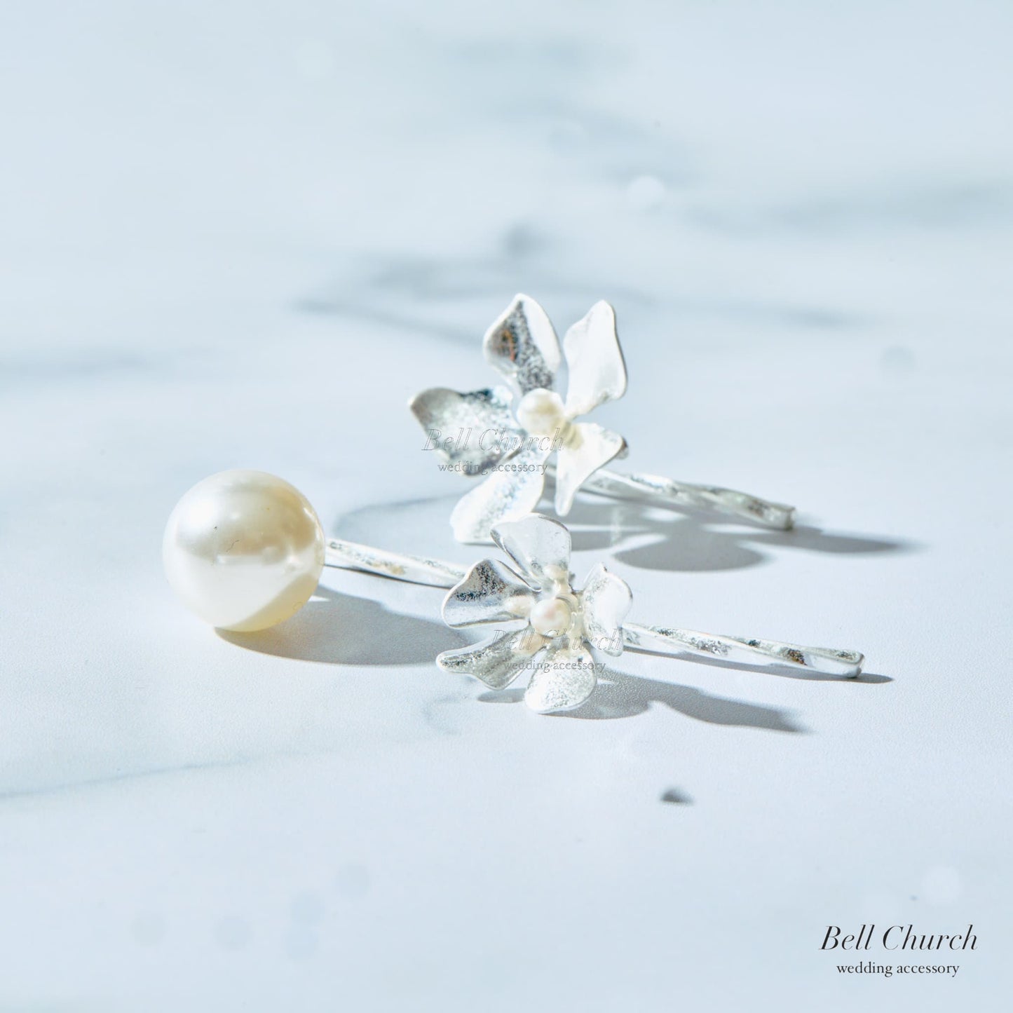 ヘアカフ 3点セット ヘアポニー ポニーフック パール お花 フラワー ペタル メタル ストーン ミニカフ｜シルバー (BC-H67)【結婚式　アクセサリー　ヘアアクセサリー　ヘアカフ】