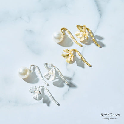 ヘアカフ 3点セット ヘアポニー ポニーフック パール お花 フラワー ペタル メタル ストーン ミニカフ｜シルバー (BC-H67)【結婚式　アクセサリー　ヘアアクセサリー　ヘアカフ】