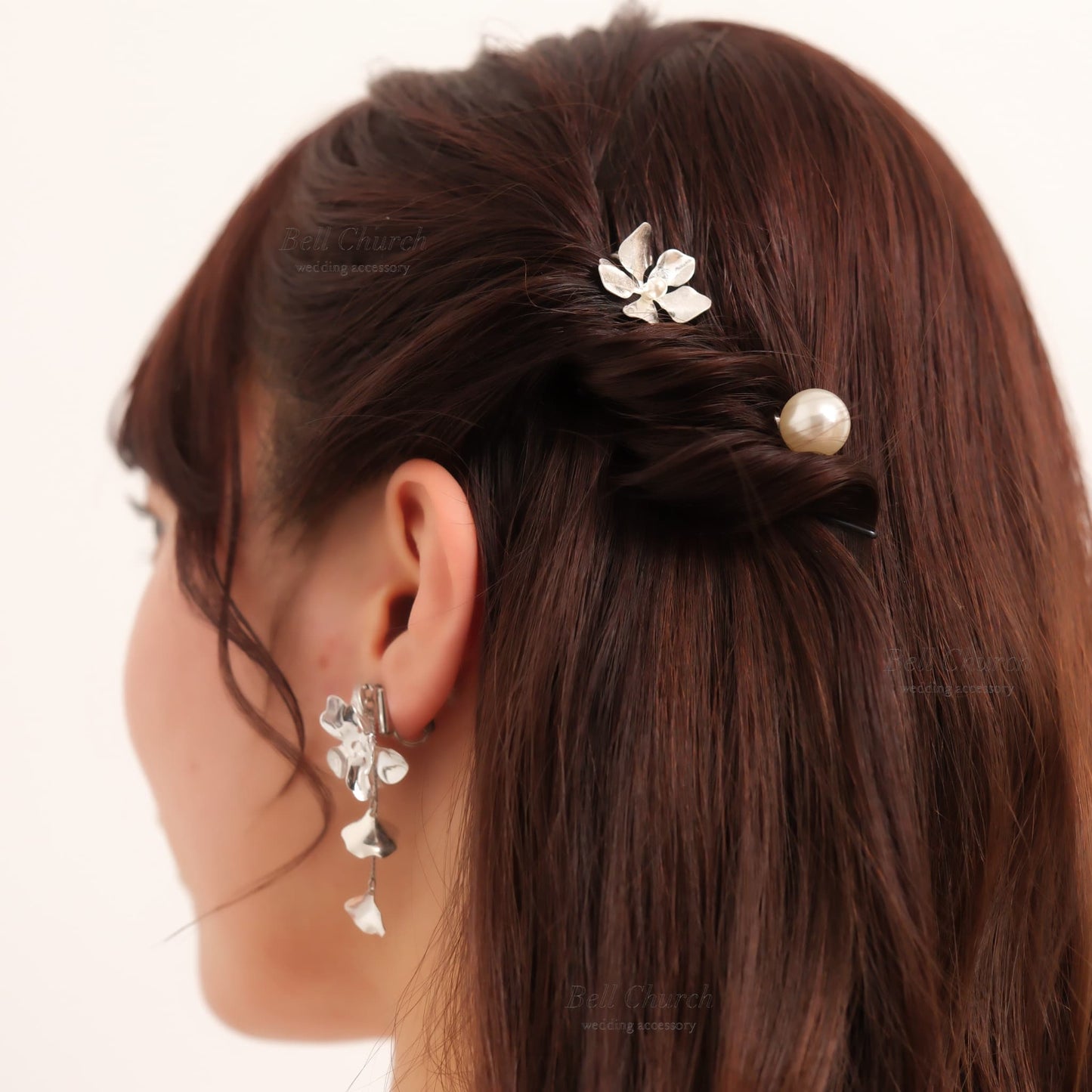 ヘアカフ 3点セット ヘアポニー ポニーフック パール お花 フラワー ペタル メタル ストーン ミニカフ｜シルバー (BC-H67)【結婚式　アクセサリー　ヘアアクセサリー　ヘアカフ】