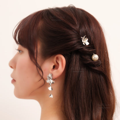 ヘアカフ 3点セット ヘアポニー ポニーフック パール お花 フラワー ペタル メタル ストーン ミニカフ｜シルバー (BC-H67)【結婚式　アクセサリー　ヘアアクセサリー　ヘアカフ】