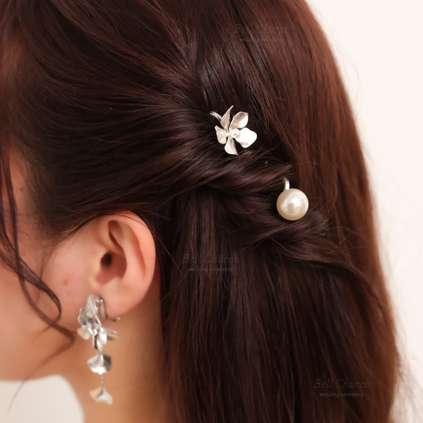 ヘアカフ 3点セット ヘアポニー ポニーフック パール お花 フラワー ペタル メタル ストーン ミニカフ｜シルバー (BC-H67)【結婚式　アクセサリー　ヘアアクセサリー　ヘアカフ】