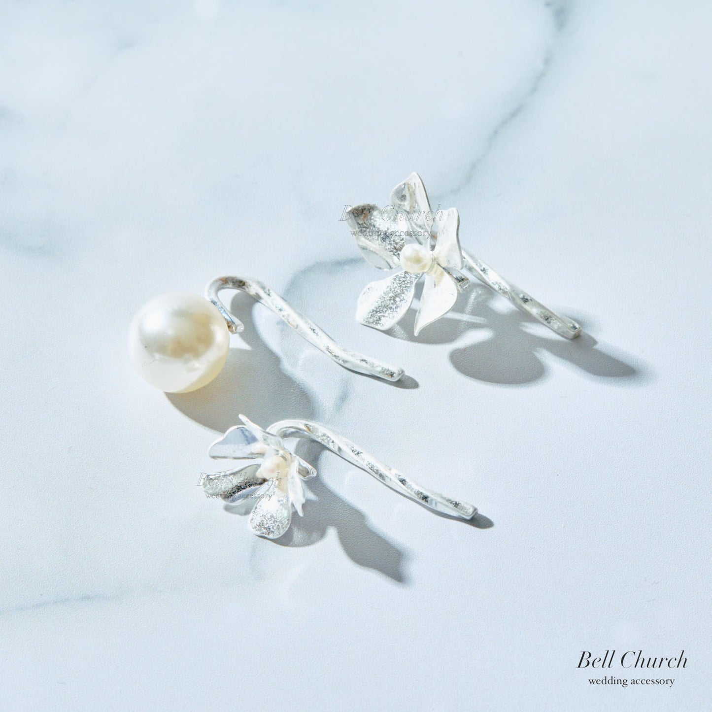 ヘアカフ 3点セット ヘアポニー ポニーフック パール お花 フラワー ペタル メタル ストーン ミニカフ｜シルバー (BC-H67)【結婚式　アクセサリー　ヘアアクセサリー　ヘアカフ】