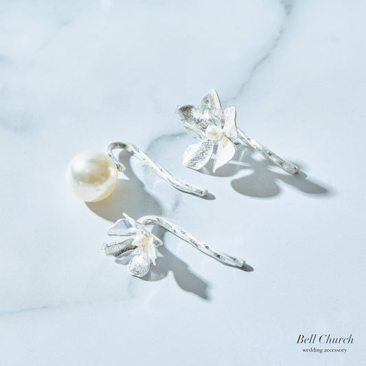 ヘアカフ 3点セット ヘアポニー ポニーフック パール お花 フラワー ペタル メタル ストーン ミニカフ｜シルバー (BC-H67)【結婚式　アクセサリー　ヘアアクセサリー　ヘアカフ】
