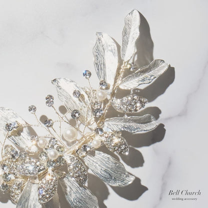 ブライダル ヘアクリップ｜ジルコニア ラインストーン パール ｜リーフ 葉っぱモチーフ｜シルバー (BC-H72)【結婚式　アクセサリー　ヘッドドレス　ヘアアクセサリー】