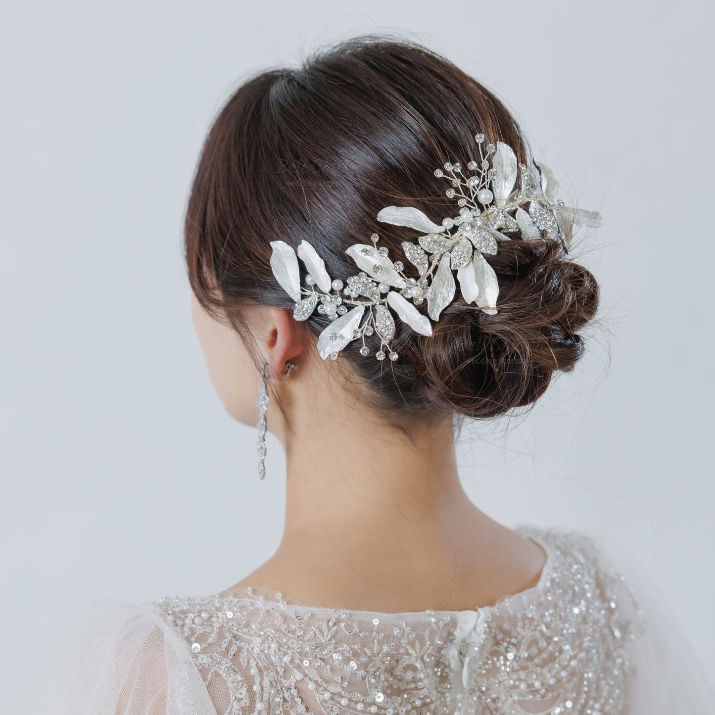 ブライダル ヘアクリップ｜ジルコニア ラインストーン パール ｜リーフ 葉っぱモチーフ｜シルバー (BC-H72)【結婚式　アクセサリー　ヘッドドレス　ヘアアクセサリー】