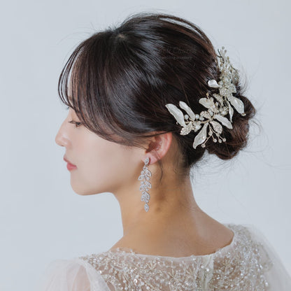 ブライダル ヘアクリップ｜ジルコニア ラインストーン パール ｜リーフ 葉っぱモチーフ｜シルバー (BC-H72)【結婚式　アクセサリー　ヘッドドレス　ヘアアクセサリー】
