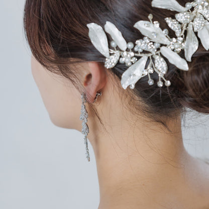 ブライダル ヘアクリップ｜ジルコニア ラインストーン パール ｜リーフ 葉っぱモチーフ｜シルバー (BC-H72)【結婚式　アクセサリー　ヘッドドレス　ヘアアクセサリー】