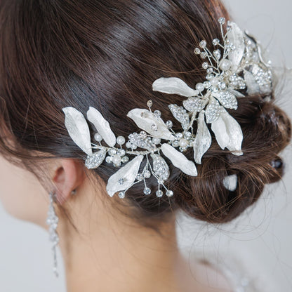 ブライダル ヘアクリップ｜ジルコニア ラインストーン パール ｜リーフ 葉っぱモチーフ｜シルバー (BC-H72)【結婚式　アクセサリー　ヘッドドレス　ヘアアクセサリー】