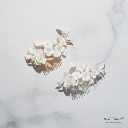 ヘアコーム｜ビーズ ｜フラワー お花モチーフ リーフ 葉っぱモチーフ｜シルバー (BC-H73)【結婚式　アクセサリー　ヘッドドレス　ヘアアクセサリー】