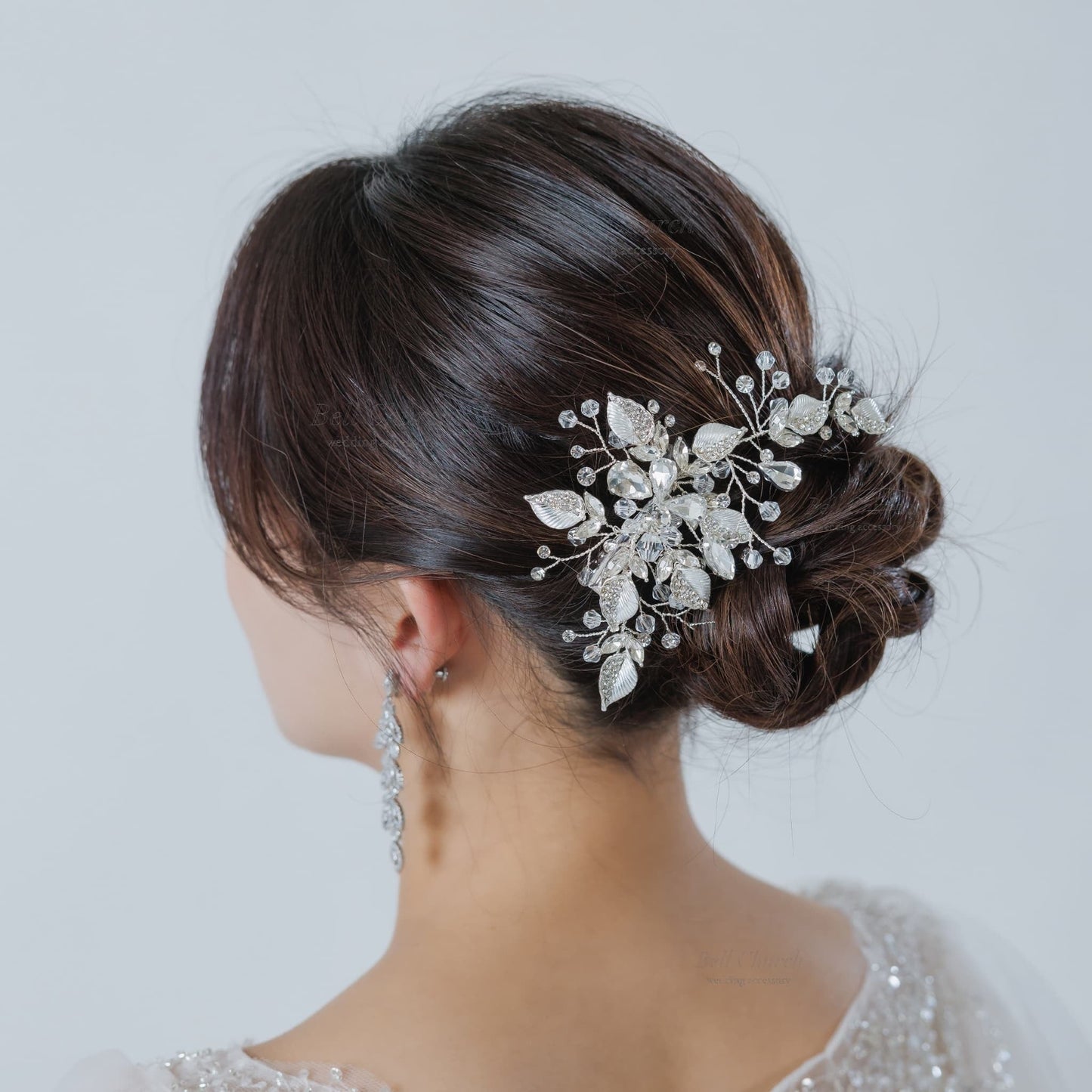 ブライダル ヘアクリップ｜ジルコニア ラインストーン ビジュー｜リーフ 葉っぱモチーフ｜シルバー (BC-H75)【結婚式　アクセサリー　ヘッドドレス　ヘアアクセサリー】