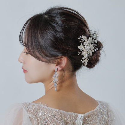 ブライダル ヘアクリップ｜ジルコニア ラインストーン ビジュー｜リーフ 葉っぱモチーフ｜シルバー (BC-H75)【結婚式　アクセサリー　ヘッドドレス　ヘアアクセサリー】