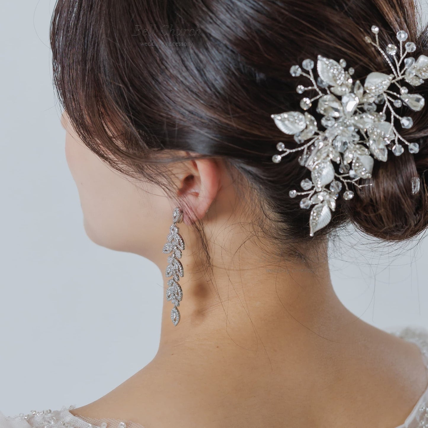 ブライダル ヘアクリップ｜ジルコニア ラインストーン ビジュー｜リーフ 葉っぱモチーフ｜シルバー (BC-H75)【結婚式　アクセサリー　ヘッドドレス　ヘアアクセサリー】