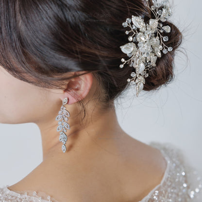 ブライダル ヘアクリップ｜ジルコニア ラインストーン ビジュー｜リーフ 葉っぱモチーフ｜シルバー (BC-H75)【結婚式　アクセサリー　ヘッドドレス　ヘアアクセサリー】