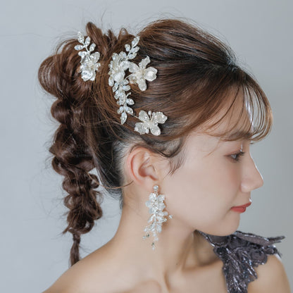 ヘアコーム ヘッドピース 2点セット｜ラインストーン パール｜フラワー お花モチーフ｜リーフ 葉っぱモチーフ｜シルバー (BC-H76)【結婚式　アクセサリー　ヘッドドレス　ヘアアクセサリー】