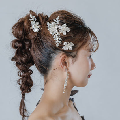 ヘアコーム ヘッドピース 2点セット｜ラインストーン パール｜フラワー お花モチーフ｜リーフ 葉っぱモチーフ｜シルバー (BC-H76)【結婚式　アクセサリー　ヘッドドレス　ヘアアクセサリー】