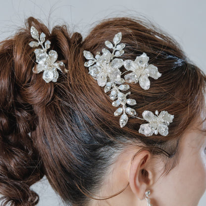 ヘアコーム ヘッドピース 2点セット｜ラインストーン パール｜フラワー お花モチーフ｜リーフ 葉っぱモチーフ｜シルバー (BC-H76)【結婚式　アクセサリー　ヘッドドレス　ヘアアクセサリー】