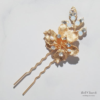 ヘアコーム ヘッドピース 2点セット｜ラインストーン パール｜フラワー お花モチーフ｜リーフ 葉っぱモチーフ｜ゴールド(BC-H77)【結婚式　アクセサリー　ヘッドピース　ヘアアクセサリー】
