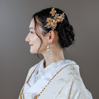 ヘアコーム ヘッドピース 2点セット｜ラインストーン パール｜フラワー お花モチーフ｜リーフ 葉っぱモチーフ｜ゴールド(BC-H77)【結婚式　アクセサリー　ヘッドピース　ヘアアクセサリー】