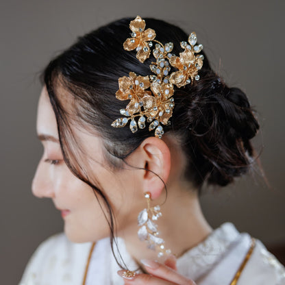 ヘアコーム ヘッドピース 2点セット｜ラインストーン パール｜フラワー お花モチーフ｜リーフ 葉っぱモチーフ｜ゴールド(BC-H77)【結婚式　アクセサリー　ヘッドピース　ヘアアクセサリー】
