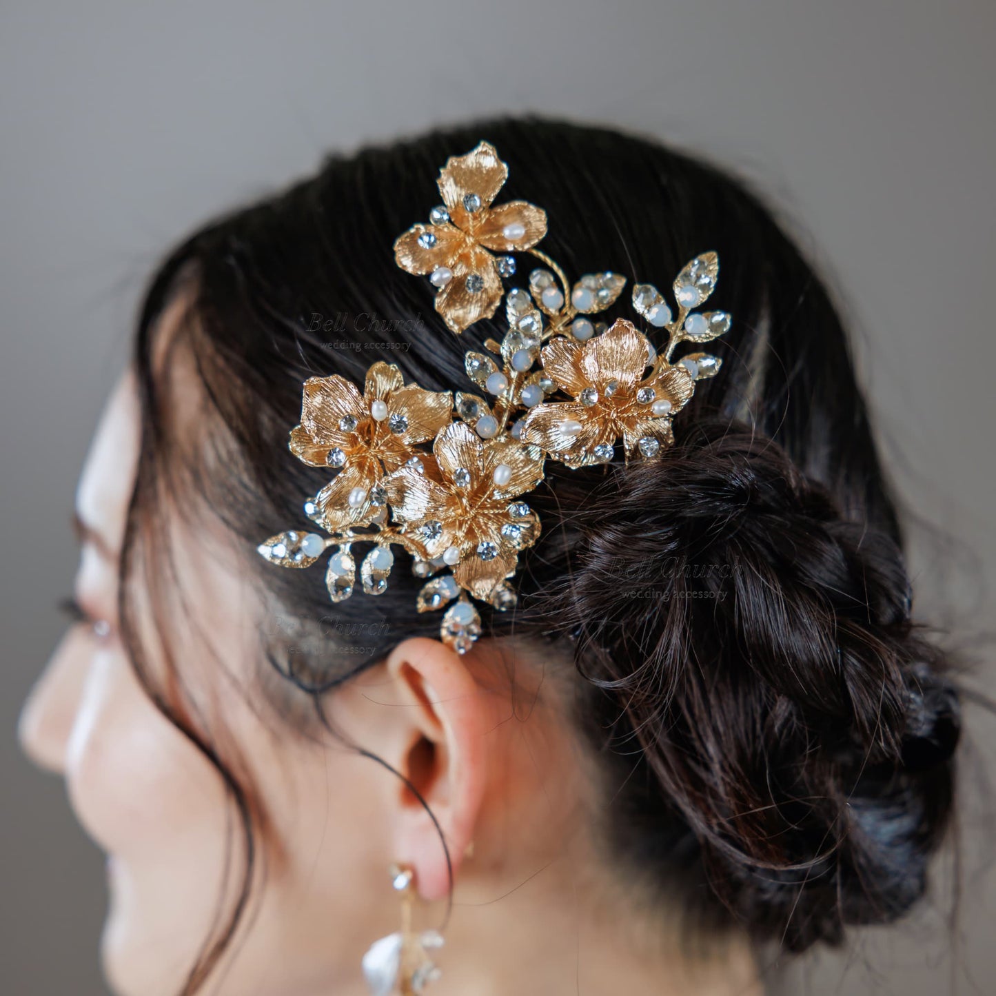 ヘアコーム ヘッドピース 2点セット｜ラインストーン パール｜フラワー お花モチーフ｜リーフ 葉っぱモチーフ｜ゴールド(BC-H77)【結婚式　アクセサリー　ヘッドピース　ヘアアクセサリー】
