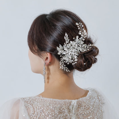 ヘアクリップ｜ジルコニア ラインストーン｜リーフ 葉っぱモチーフ｜お花 フラワーモチーフ｜シルバー (BC-H79)【結婚式　アクセサリー　ヘッドドレス　ヘアアクセサリー】