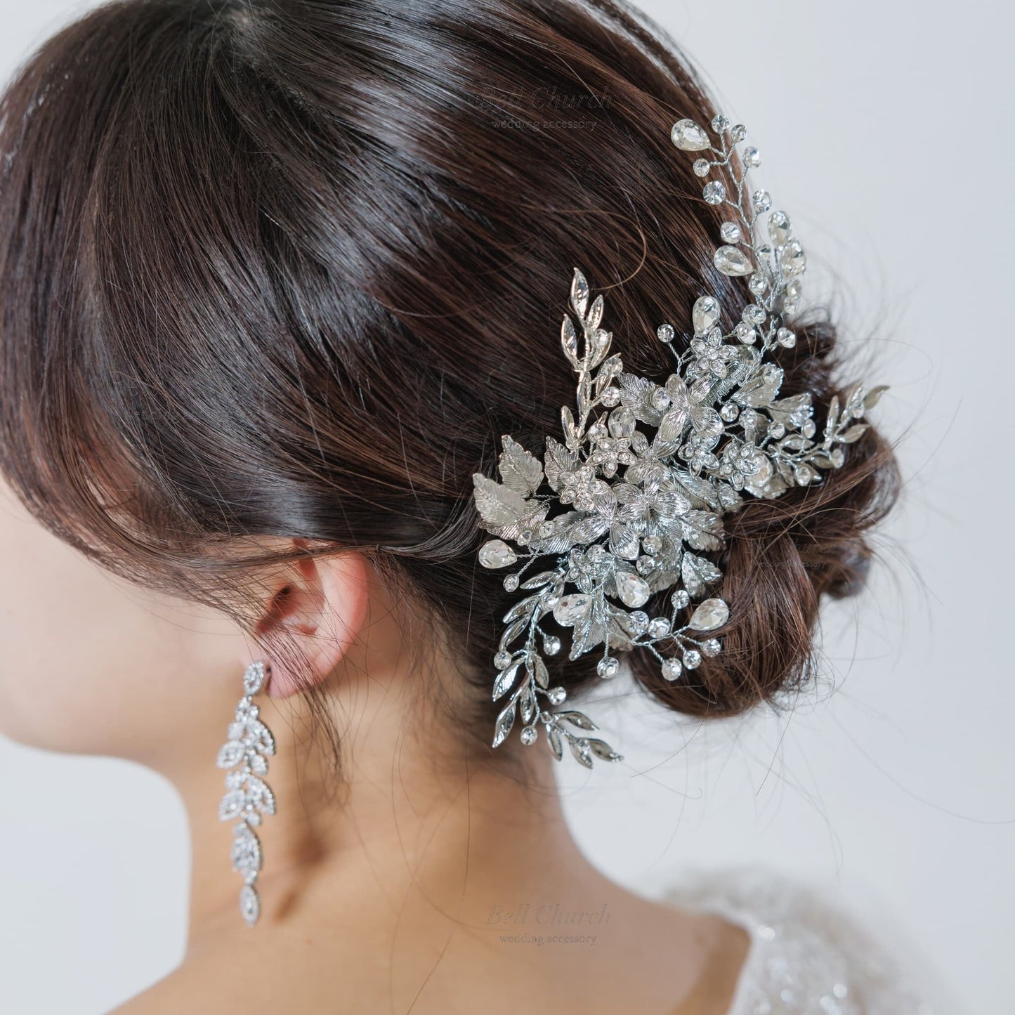 ヘアクリップ｜ジルコニア ラインストーン｜リーフ 葉っぱモチーフ｜お花 フラワーモチーフ｜シルバー (BC-H79)【結婚式　アクセサリー　ヘッドドレス　ヘアアクセサリー】