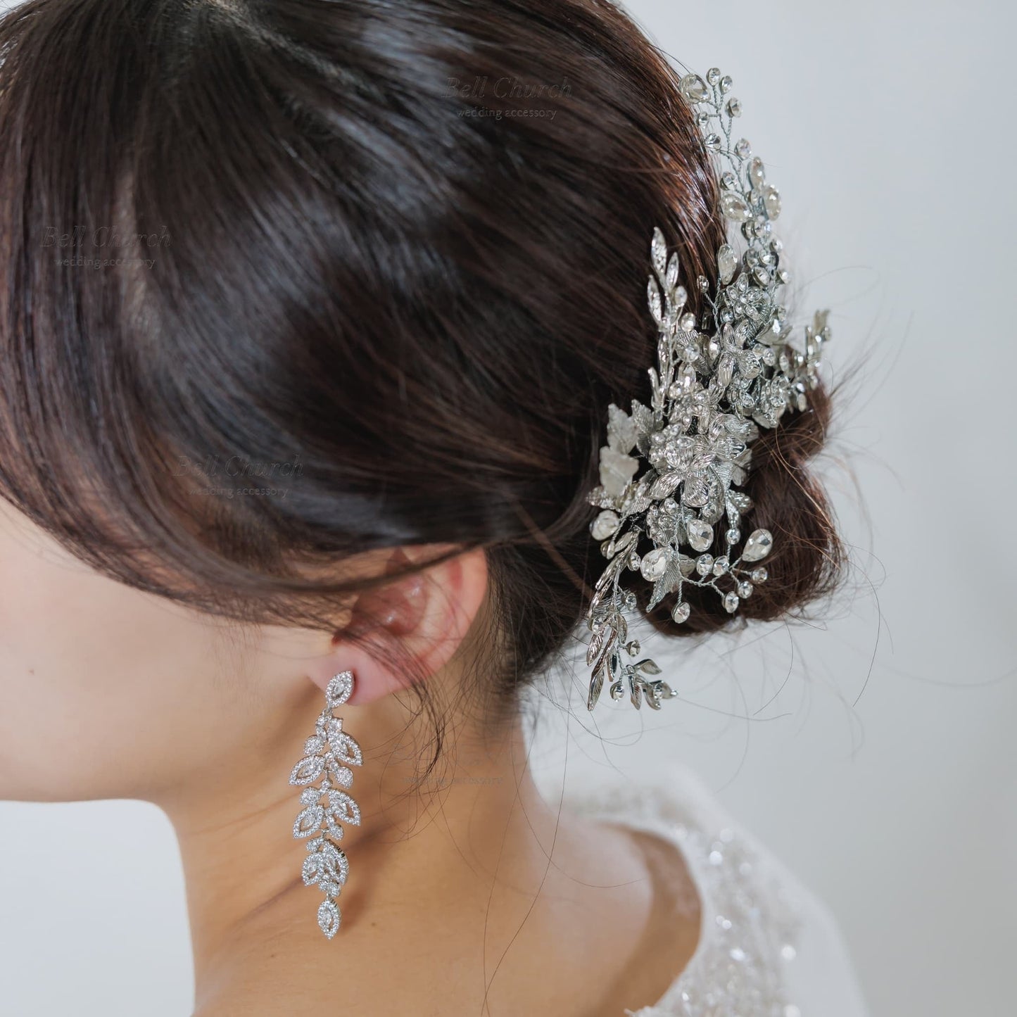 ヘアクリップ｜ジルコニア ラインストーン｜リーフ 葉っぱモチーフ｜お花 フラワーモチーフ｜シルバー (BC-H79)【結婚式　アクセサリー　ヘッドドレス　ヘアアクセサリー】