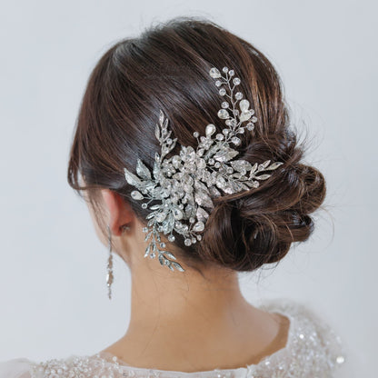 ヘアクリップ｜ジルコニア ラインストーン｜リーフ 葉っぱモチーフ｜お花 フラワーモチーフ｜シルバー (BC-H79)【結婚式　アクセサリー　ヘッドドレス　ヘアアクセサリー】