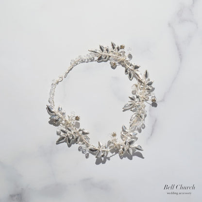 ヘッドドレス｜ジルコニア ビジュー｜リーフ 葉っぱモチーフ｜お花 フラワーモチーフ｜シルバー (BC-H80)【結婚式　アクセサリー　ヘッドドレス　ヘアアクセサリー】