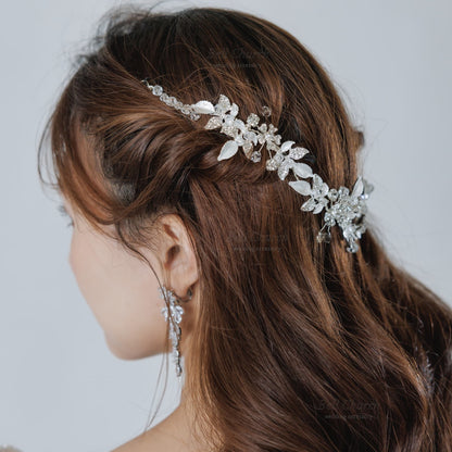 ヘッドドレス｜ジルコニア ビジュー｜リーフ 葉っぱモチーフ｜お花 フラワーモチーフ｜シルバー (BC-H80)【結婚式　アクセサリー　ヘッドドレス　ヘアアクセサリー】