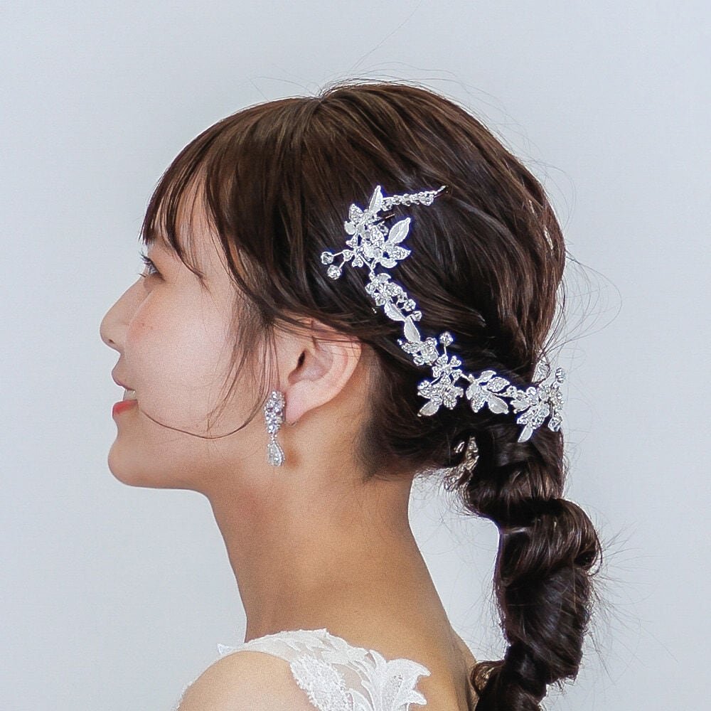 ヘッドドレス｜ジルコニア ビジュー｜リーフ 葉っぱモチーフ｜お花 フラワーモチーフ｜シルバー (BC-H80)【結婚式　アクセサリー　ヘッドドレス　ヘアアクセサリー】